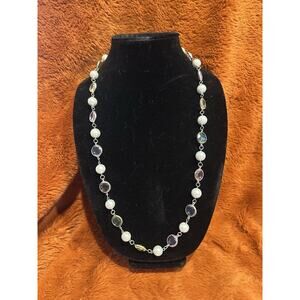 Vintage Necklace Faux Pearl Silvertone Glass Crystals 30 inch length Glam Spring